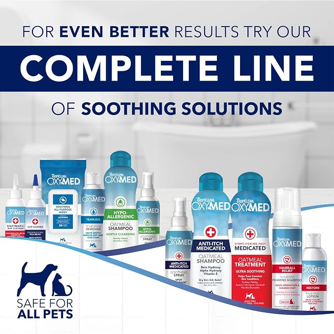 TropiClean OxyMed Dog Shampoo for Allergies and Itching , Medicated Oatmeal Shampoo for Dry Itchy Skin, Seborrhea, & Hot Spots, Cat Safe, 20oz.