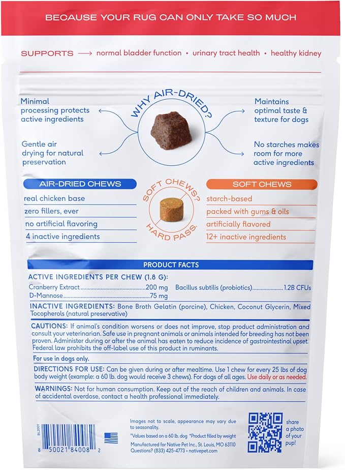 Native Pet Dog UTI Treatment - Cranberry Supplement for Dogs - Supports Normal Bladder Function, Urinary Tract & Kidney Health - Real Cranberry Extract, D-Mannose & Probiotics - Air-Dried - 120 Chews