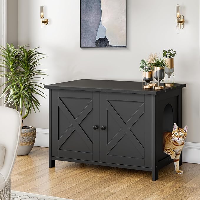 Shintenchi Cat Litter Box Enclosure, Litter Box Furniture Cabinet Hidden with Removable Divider, Wooden Cat House with End Table, Black, 31.5 inch