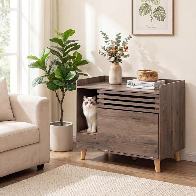 Tangkula Farmhouse Litter Box Enclosure, Cat Litter Box Furniture Hidden with Flip-Down Opening Door, Scratching Mat, 31.5 Inch Wooden Cat Washroom Side Cabinet with Storage for Indoor Cats (Brown)