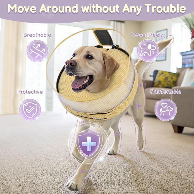Soft Inflatable Dog Cone for Surgery Recovery, Protective Dog Donut Collar with Shield to Stop Licking Wounds, 2-in-1 Patented Comfort Blow-Up Collar for Small and Medium Pets (Khaki, M)