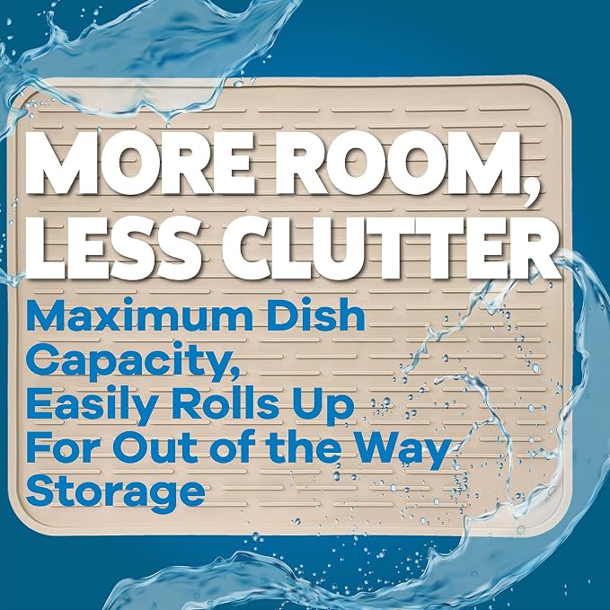 XXL Silicone Dish Drying Mat for Kitchen Counter or Under Sink, 24" x 18" Extra Large, Waterproof Pet Feeding Mat, Dog Food, Water Bowls, Under Drying Racks for Dishes, Coffee Bars, Bar Mats (Beige)