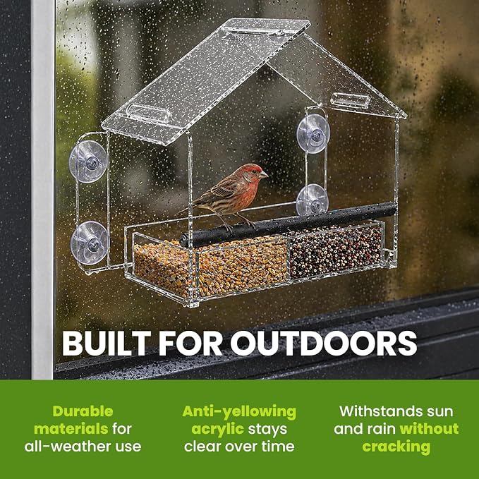 Nature Gear Window Bird Feeder with Strong Suction Cups, Clear Acrylic Window Mounted Bird Feeder, Removable Sliding Tray, Weather-Resistant, Durable, Squirrel-Resistant, Home Style