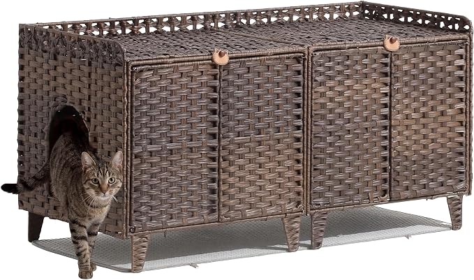 Rattan Litter Box Enclosure Double Room Cat Hidden Litterbox Furniture with Removable Litter Mat & 2 Hooks, Natural Cat House End Table, Easy Assembly, 47.2" l x 19.7" w x 23.6" h Brown