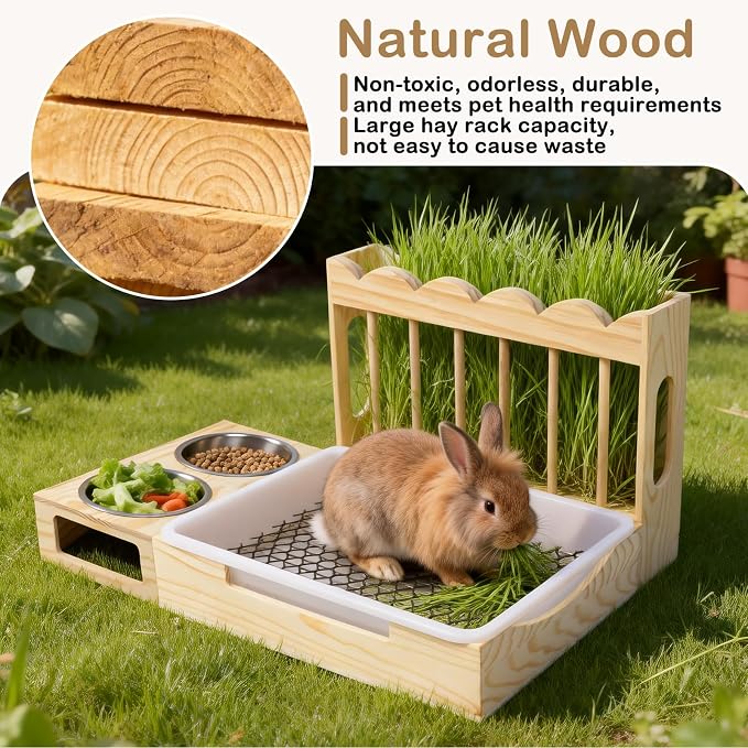3-in-1 Wooden Rabbit Hay Feeder with Litter Box for Rabbits & Small Pets | Sturdy Wooden Hay Feeder Set for Guinea Pigs, Chinchillas, Hamsters, Ferret and Other Small Animal