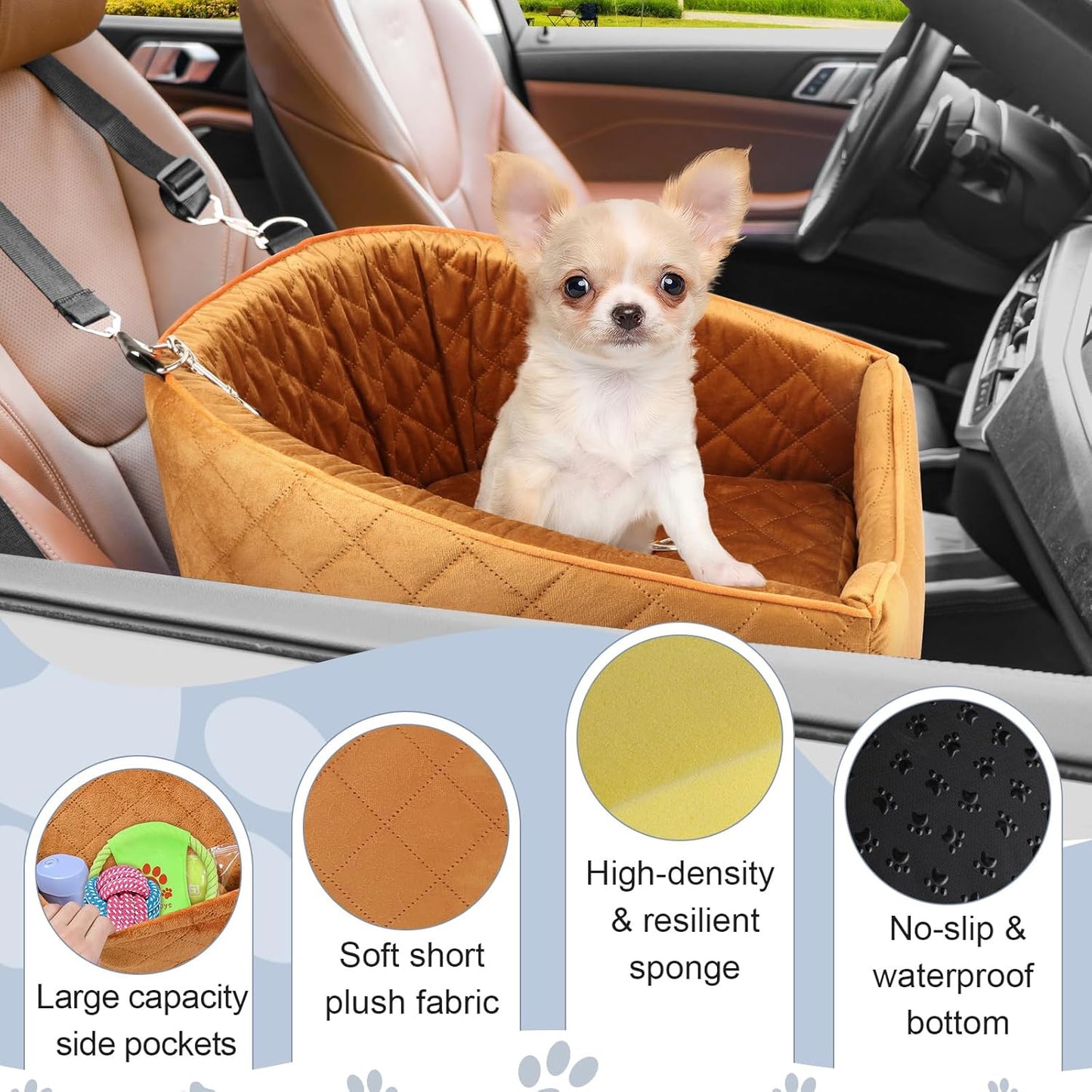 Dog Car Seat for Small Dogs, Memory Foam Booster Dog Seat for Dogs up to 35 lbs, Elevated Pet Car Seat with Washable Removable Cover, Storage Pockets