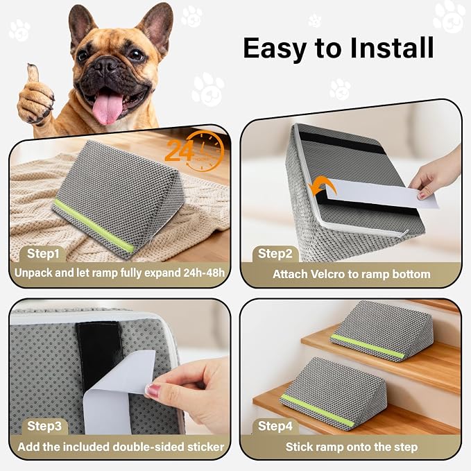 JoyBlooms Upgraded Dog Ramp for Stairs for Small & Senior Dogs Cats, 40D Density Foam Gentle 30° Slope Non-Slip Dog Stair Ramp with Glow Strip, Pet Ramp with Removable Washable Cover, Gray-3pcs