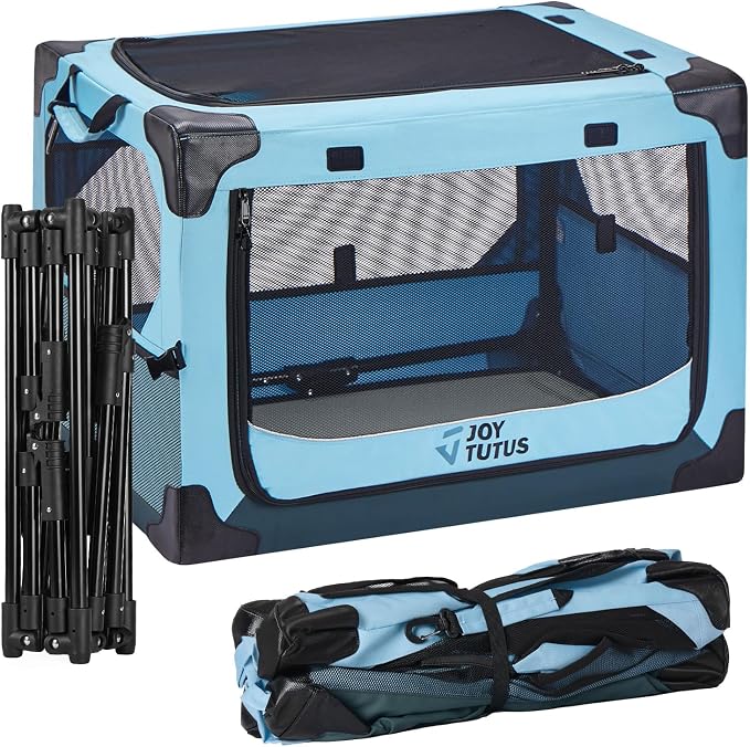 JOYTUTUS 26 Inch Collapsible Dog Crate, Steel Frame 8-Bar Foldable Soft Kennel, Portable Travel Crate for Medium Dog Up to 33lbs, Oxford Cat Carrier Fit for Car Travel Indoor Outdoor