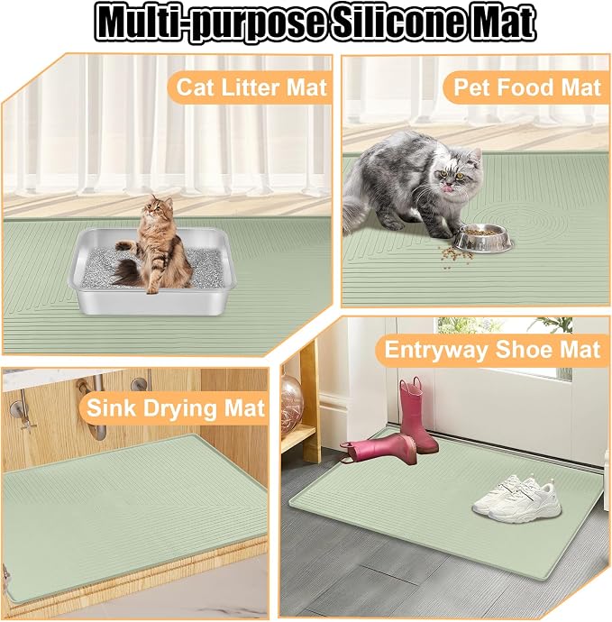 Silicone Cat Litter Mat, 50" x 36" Extra Large Litter Trapping Mat for Litter Box, Leak-Proof, Non-Slip, Kitty Litter Mats with Soft Texture for Floor, Keeping The Floor Clean (Green)