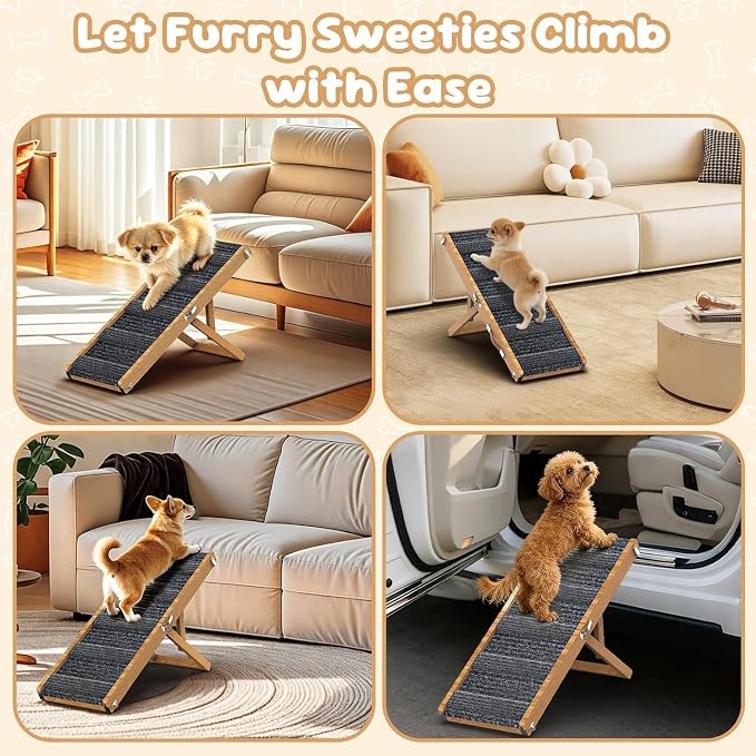 Pawaboo Foldable Dog Ramp, Small Dog Ramp for Couch, 4 Adjustable Height from 13'' to 21", Stable Pet Steps with Non-Slip Pad, Portable Pet Ramps Use for Couch Sofa Stairs, Walnut