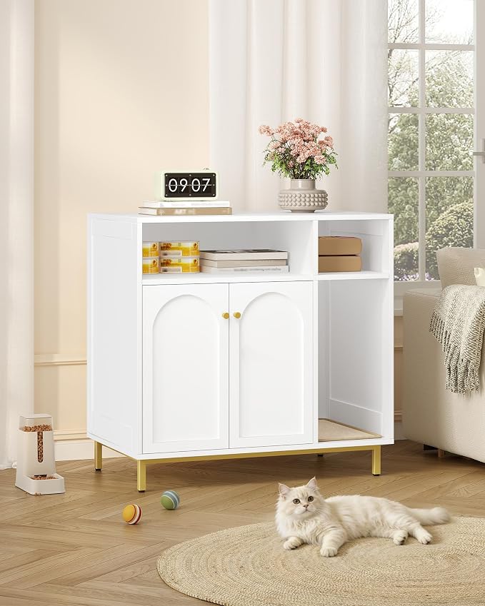 Hzuaneri Large Cat Litter Box Furniture, Hidden Litter Box Enclosure with Storage, Wooden Cats Cabinet with Sisal Mat, Modern Cat Washroom, End Table for Living Room Entryway, White and Gold CB87603G