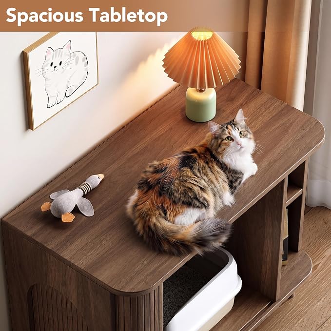 35.4" Cat Litter Box Enclosure with Sliding Door – Wooden Hidden Litter Box Furniture with 2-Layer Shelves, Side End Table for Living Room, Brown