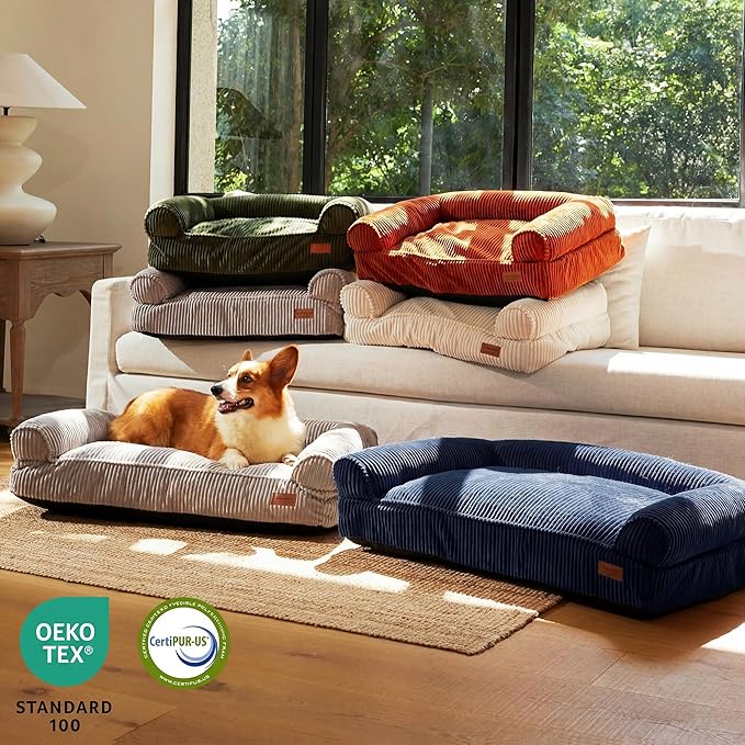 FUKUMARU Cute Dog Bed, Thickened Orthopedic Dogs Couch, 36in Egg Crate Foam Pet Sofa for Medium to Large Dogs, Waterproof Warm Corduroy Pet Bed with Washable Cover, Blue