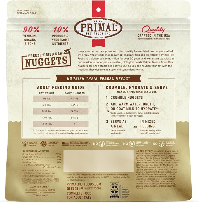 Primal Freeze Dried Raw Cat Food Nuggets Venison, Complete & Balanced Meal or Topper, Premium, Healthy, Grain Free, High Protein Raw Cat Food with Probiotics (14 oz)