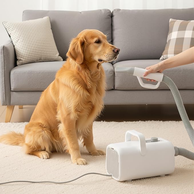 DUMOS Pet Grooming Blow Dryer, Low Noise Dog Hair Dryer with Adjustable Wind Speed & Heater Temperature, Cool-Warm-Hot Cycle Mode, 4 Nozzles, 6.5 FT Cord, White