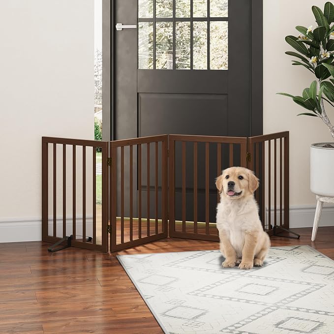 Dog Gates for Doorways, Freestanding Foldable Dog Gate Indoor, Pet Gates for Doorways Bedroom, Puppy Gate with Metal Support Feet, 4 Panels (Rustic tan)