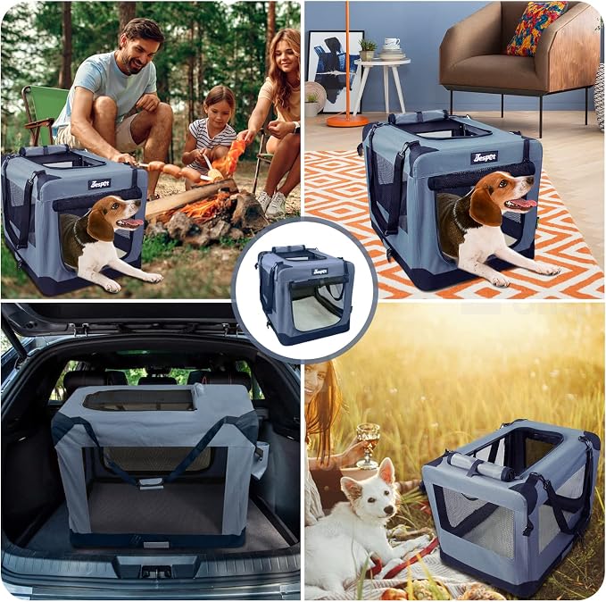 JESPET Soft Dog Crates Kennel for Pets, 3 Door Soft Sided Folding Travel Pet Carrier with Straps and Fleece Mat for Dogs, Cats, Shale Green, 36'' (2-Grey, X-Large(36" L x 24" W x 27" H))