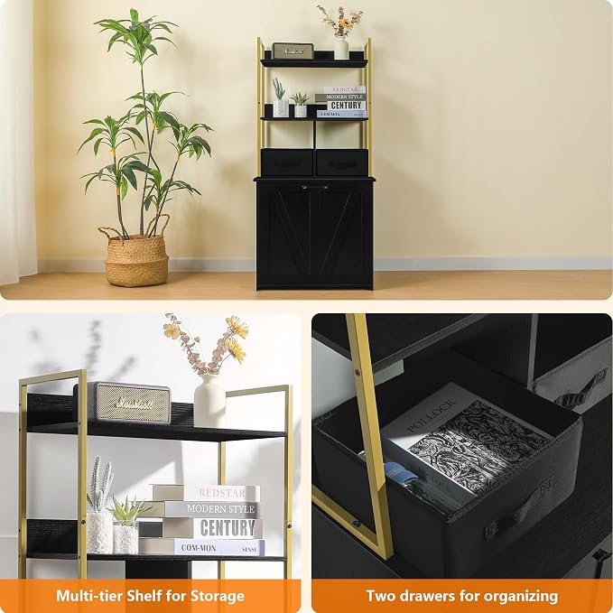 Dwanton Litter Box Enclosure with 2 Storage Shelves and 2 Drawers, 2-in-1 Hidden Cat Litter Box Enclosure Furniture with Shelf, Reversible Entrance, Washable Drawers, 50-Inch, Black+Gold
