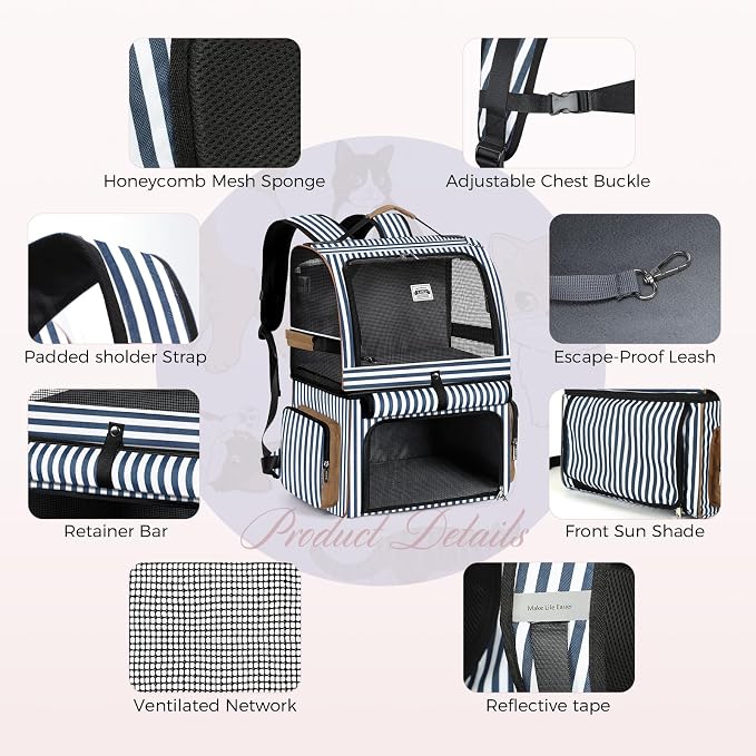 Double Cat Backpack Carrier for 2 Cats, Double-Compartment Pet Carrier Backpack for 2 Small Cat or One Medium Cat, Cats Carrier Backpack Dog Carrier Backpack Fits Up to 24 Lbs,Blue Striped
