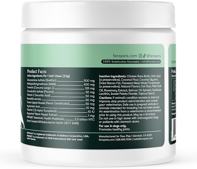 Fera Pets Hip & Joint Supplement for Dogs with Glucosamine, MSM, Chondroitin, & Green Lipped Mussel - Supports Healthy Joints and Weight Management - 90 Soft Chews