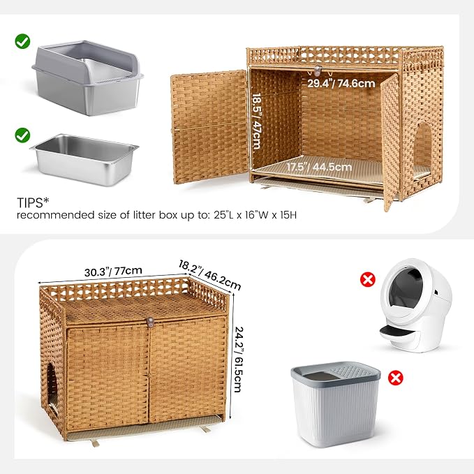 Furriends Cat Litter Box Enclosure with 2 Mats, Handwoven Rattan Hidden Litter Box Furniture Large 30.3”L x 18.2”W x 24.2”H, Double as Indoor Cat House or Side Table for Living Room Hallway, Tan