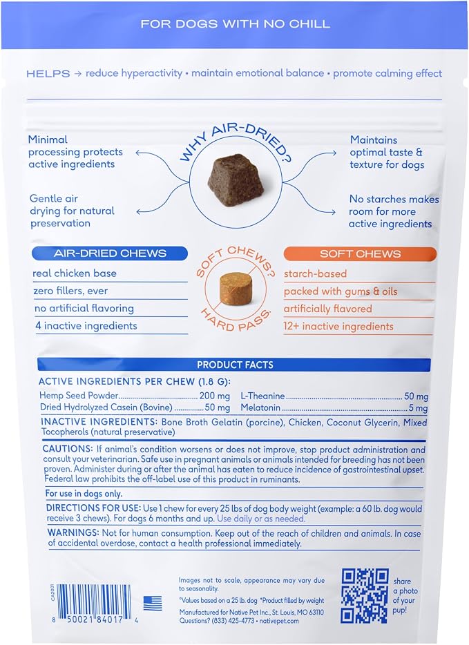 Native Pet Calming Chews for Dogs - Promotes Calming Effect, Supports Emotional Balance & Reduces Hyperactivity - Hemp Seed, Melatonin for Dogs, L-Theanine & Casein - Air-Dried 120 Chews
