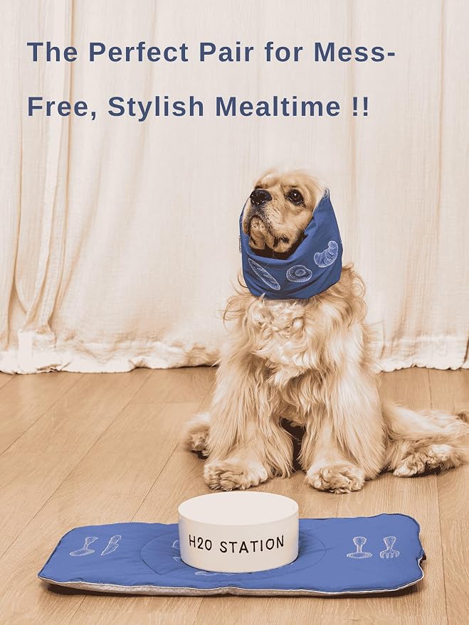 Quilted Pet Feeding Mat for Dogs and Cats, Soft Padded Placemat with Water-Resistant Fabric & Anti-Slip Silicone Backing, Machine Washable with Hanging Loop, 11.8x19.7 – Foggy Blue