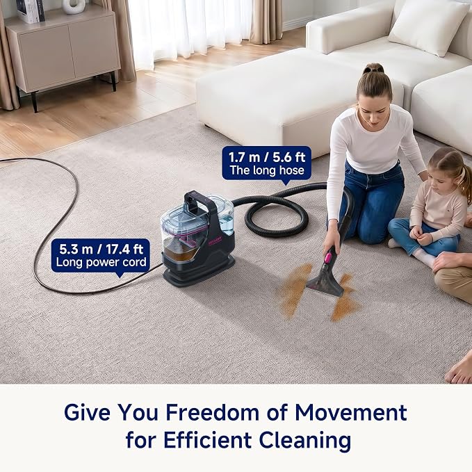 Portable Carpet Cleaner,18kPa Handheld Spot Cleaner for Upholstery and Car Interior,Pet Stain Remover with 500ml Tank,Lightweight for Sofa,Couch,Stairs,Mattress,Black and Pink
