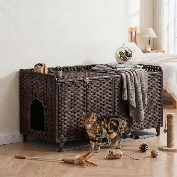 GAOMON Cat Litter Box Enclosure Furniture, Handwoven Rattan Cat Houses, Hidden Cat Washroom Furniture with Door/Mat, Large Space Cat Houses with S-Shaped Hooks, Living Room, Bedroom, Brown