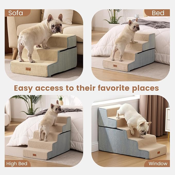 Gardner Pet Dog Stairs for Small Dogs 14" H, 3-Step Extra Wide Dog Steps for Bed, Pet Stairs for Bed and Couch with Durable Non-Slip Waterproof Fabric Cover and Soft Foam, Beige