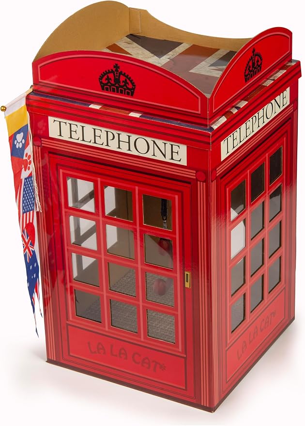 The British Red Telephone Booth Cat House Features a Flag Teaser Wand for Cats