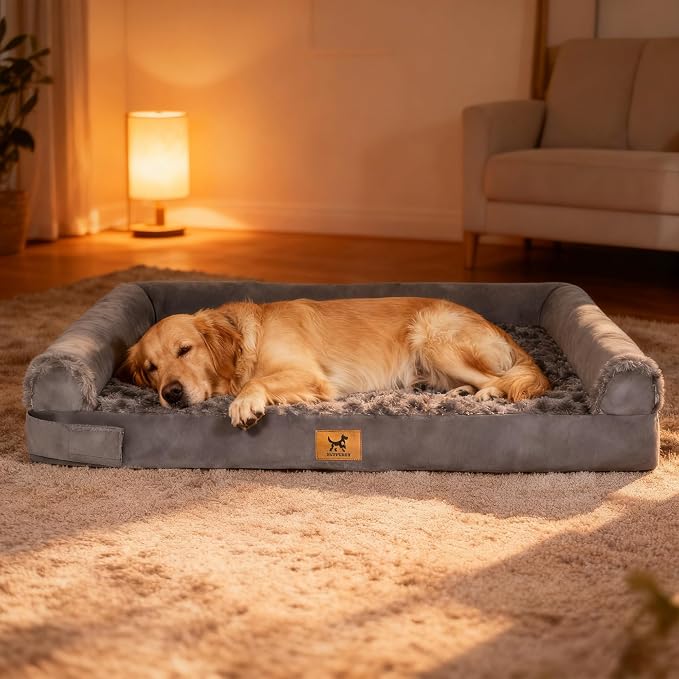 XL Orthopedic Dog Bed - Breathable Egg-Crate Foam Sofa Couch with Bolster, Water-Resistant Liner & Washable Rose Velvet - Ideal for Golden Retrievers, Labradors, Dark Gray(40'' x 28'')