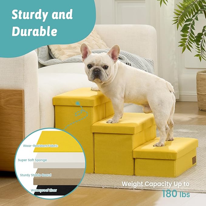 Dog Stairs with Storage, 4-Step Wider Sturdy Dog Steps for Small/Medium/Large Dogs and Older Cats, Folding Doggie Ramp for Bed/Couch/Car Hold Up to 180 lbs (22" H, Yellow)