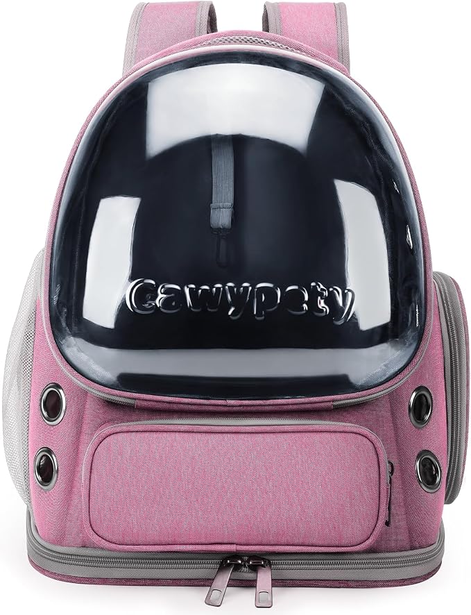 Cawypety Cat Backpack Carrier, Breathable Cat Carrier Large Space Bubble Pet Backpack for Kitty Small Dog up to 12lbs, Transparent & Foldable Pet Carrier for Travel Hiking(Pink)