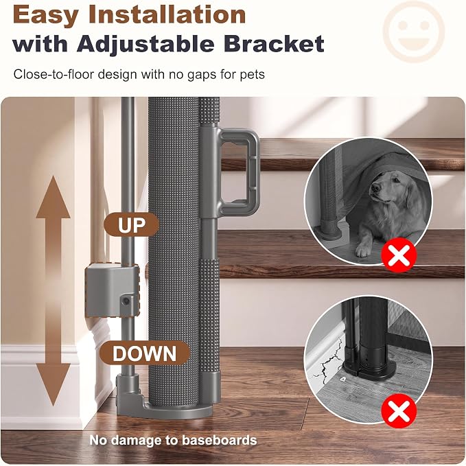 GRENFU Reinforced Retractable Baby Gates for Doorways, Retractable Gate with Support Rods to Prevent Crawling Through, Extends to 59" Wide 33" Tall, 5 FT Retractable Dog Gate for Indoor/Outdoor, Gray