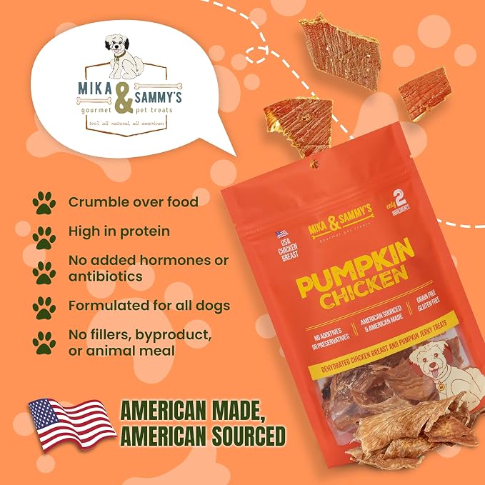 Gourmet Chicken Jerky Dog Treats Made in The USA. Cage-Free, No additives (Pumpkin Chicken 5 0z)