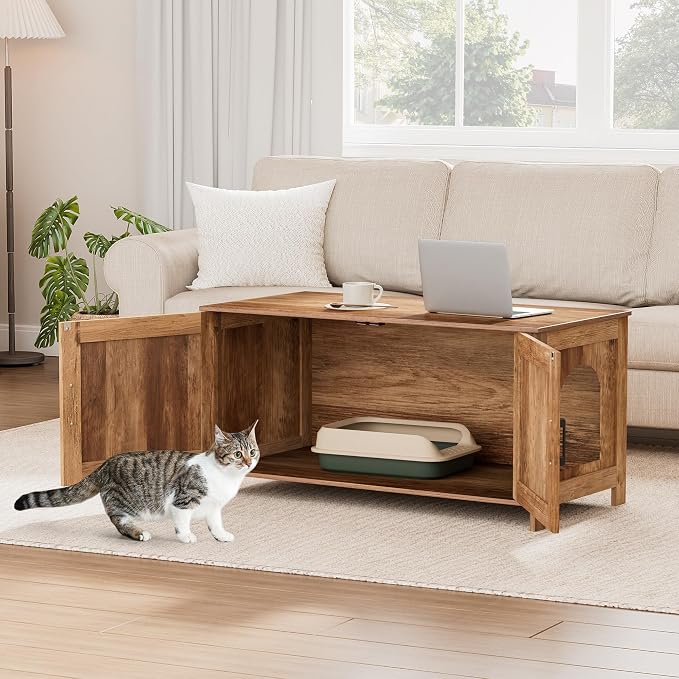 Homhedy 39.4" L Cat Litter Box Enclosure, Pet House with Barn Door,Wooden Cat Washroom Furniture,Fit Most of Litter Box, Rustic Walnut