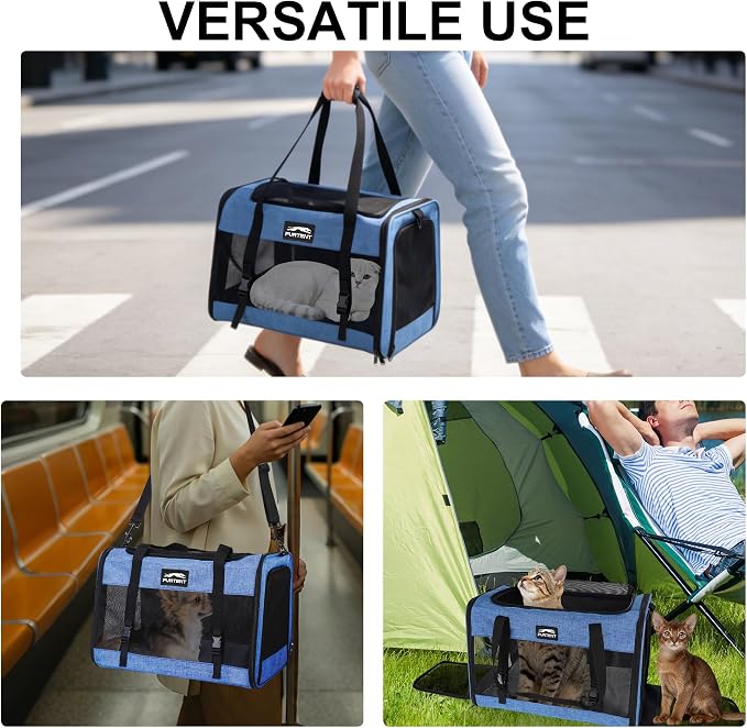 Soft Sided Cat Carrier for Large Cats, Pet Carrier for 2 Cats or Small Dogs Up to 25Lbs, Large Cat Carrier with Shoulder Strap, Cat Car Carrier with Safety Rope, Cat Carriers 20x13x13 inches, Blue