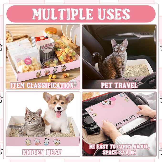 Roshtia 30 Pcs Disposable Cat Litter Box Foldable Paper Kitty Tray 13.8 x 10 x 2 Inch Portable Kitten Pan Low Entry Lightweight Cardboard(Cat Litter Tray,Pink)