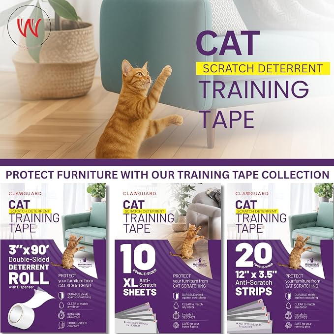 CLAWGUARD Cat Training Tape Strips β 20 Pre-Cut Double-Sided Anti Scratch Shields (12x3.5 in) β Cat Scratch Furniture Protector for Sofa & Surfaces
