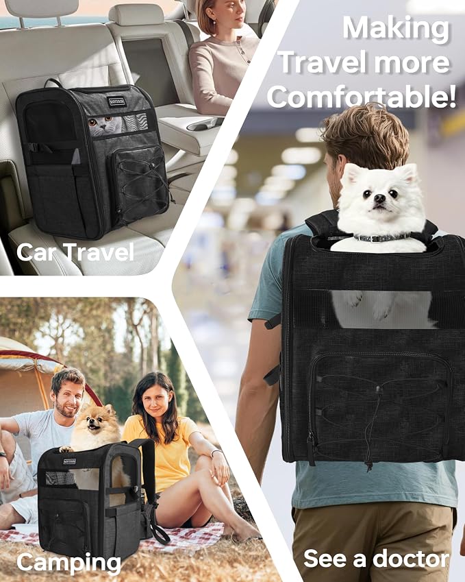 Hiking Dog Carrier Backpack, Adjustable Waist Cushioning Belt with Breathable Padded Back Support, Dog Carrier for Hiking with 5 Pockets, Dog Carrier Backpack for Small Dogs Max 13LB Black