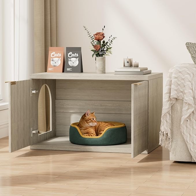 Homhedy Cat Litter Box Enclosure, Modern Fluted Accent Cat Washroom Furniture, Pet House, Fit Most of Litter Box,Cream Gray