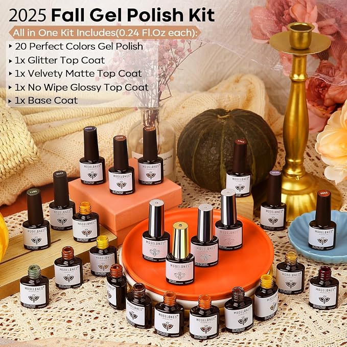 modelones 24PCS Fall Gel Nail Polish Kit, Red Brown Green Yellow Orange Gel Polish Set Soak Off Nail Polish Kit with Glitter, Glossy and Matte Top Base Coat DIY Manicure at Home
