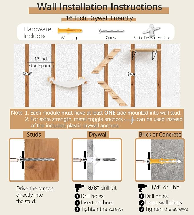 Cat Wall Shelves with 1 Floating Fabric Hammock, 2 Ladders with 4 Steps Each & 1 Flat Cat Shelf, Wall Mounted Bed Furniture & Climber, Indoor Playground