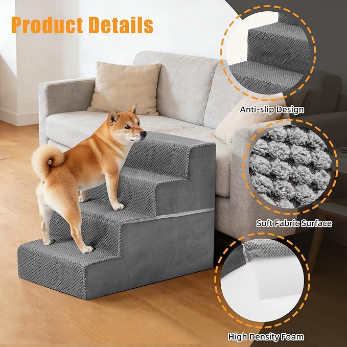 4-Step Dog Stairs for Large Dogs and Cats, 18in H Dog Steps for Couch, Sofa, Chair, Durable Non-Slip Sturdy Pet Steps, Pet Ramp for High Bed Indoor, Grey