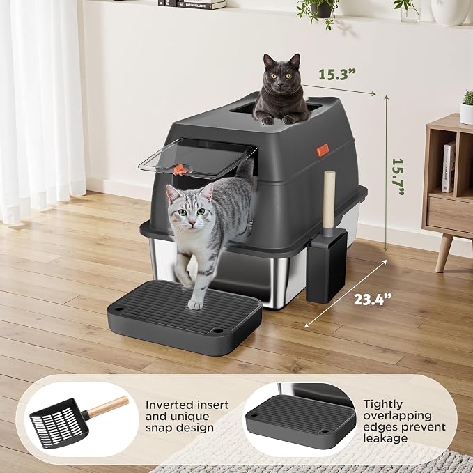 Gimars 3 in 1 High Sided Anti-Leakage Stainless Steel Cat Litter Box with Lid, Extra Large Enclosed Easy Cleaning Litter Box with Scoop, Front & Top Entry for Multiple Cats