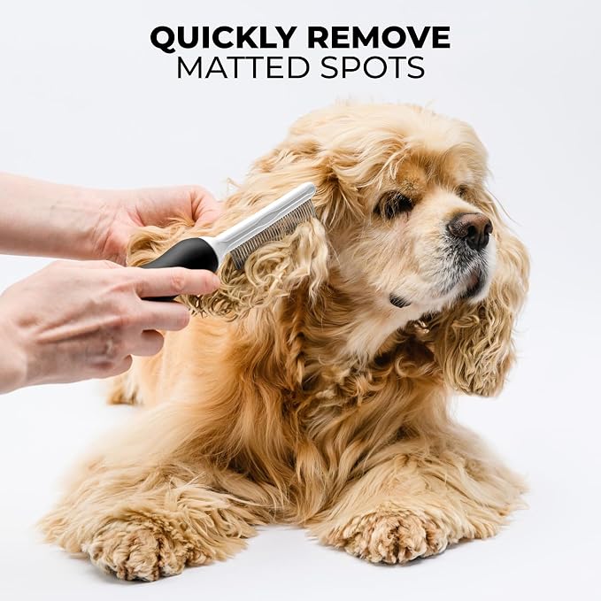 Poodle Pet Bundle - Dematting Fur Rake Comb Brush Tool with Steel Safety Blades and Detangling Pet Comb with Long and Short Stainless Steel Teeth for Detangling Matted or Knotted Undercoat Hair (Black