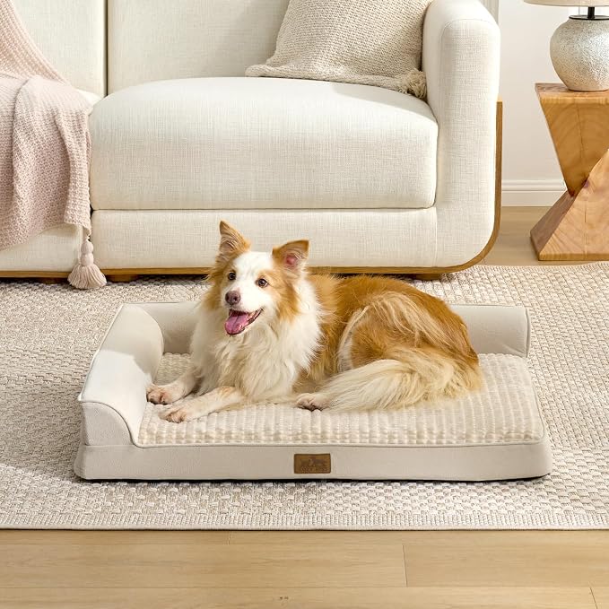 COZY KISS Orthopedic Dog Bed for Extra Large, XXL Dogs Bed, L Shaped Foam Anti-Slip Bottom Giant Pet Cat Sofa with Washable Cover, Suitable for Pet Up to 150 lbs, 48x35x8 inch, Beige 