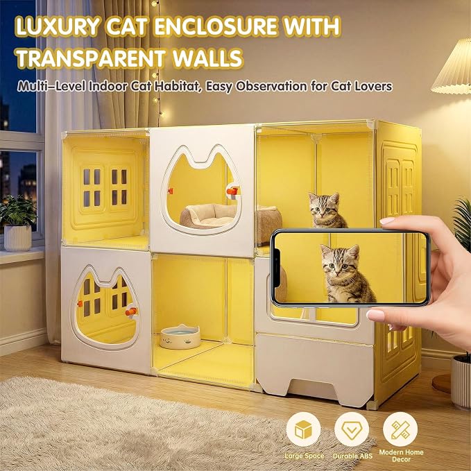 Cat Cage 3-Tier with Built-in Litter Box & Free Scoop Cat Enclosure with Detachable Metal Frame Transparent Window DIY Zones Cats Kennel for 1-3 Cats Indoor Playpen 41" x18" x 41"