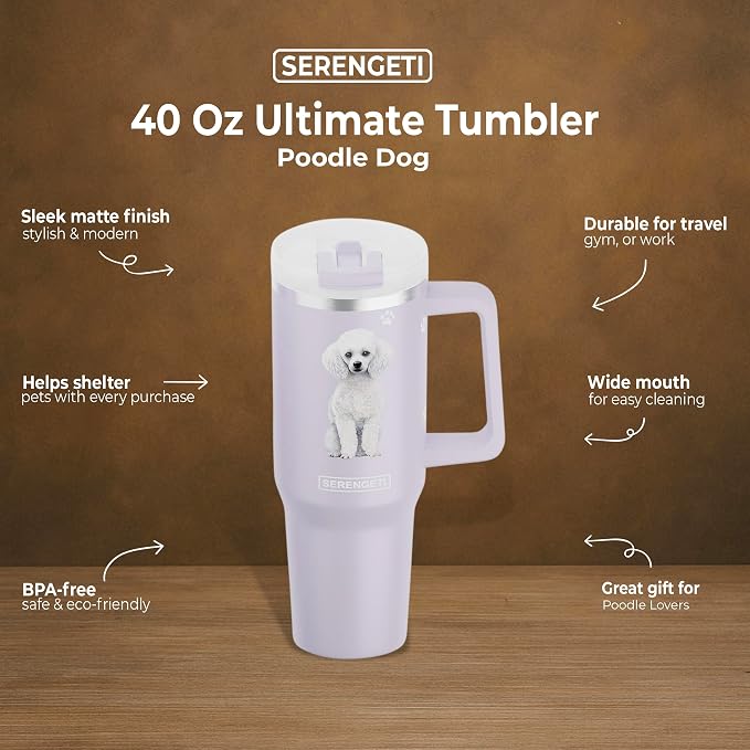 E&S Pets SERENGETI 40 Oz Ultimate Tumbler with Handle and Straw - Vacuum Insulated Tumbler with Straw and Lid - Stainless Steel Travel Mug for Pet Lovers - 3D Designs of your favorite Dog (Poodle)